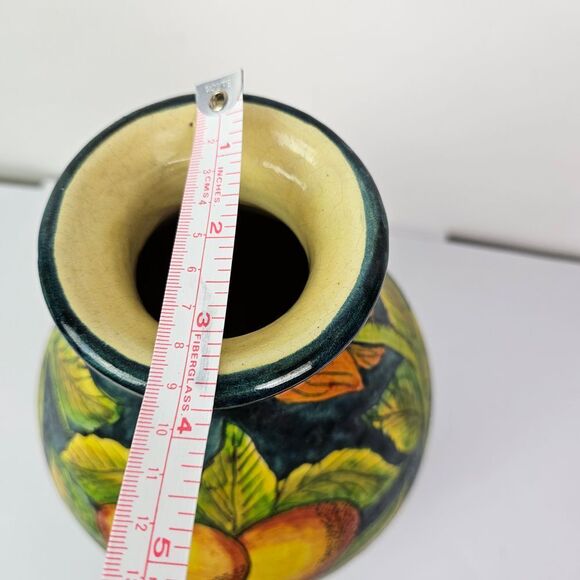 Vintage Mexican Pottery Tourist Vase Yellow Fruit Green Leaves Burnished GUC - Picture 5 of 6
